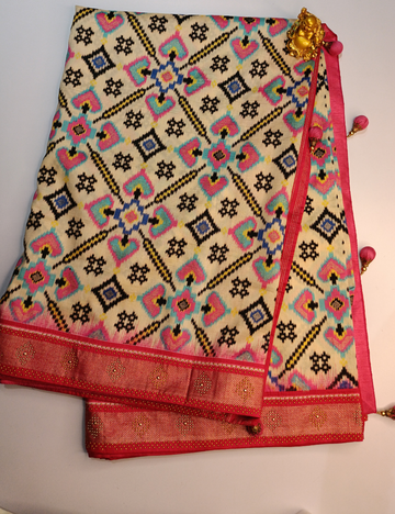 Cream Ikkat Cotton Saree with Contrast Pink pallu and blouse