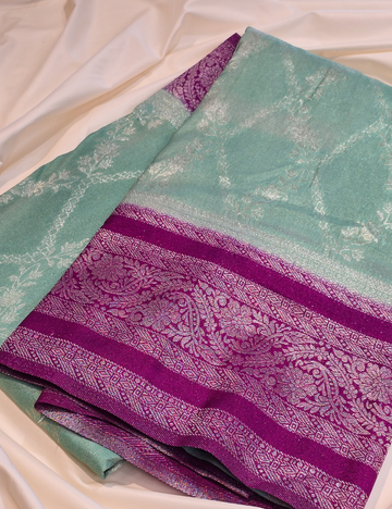 Turquoise Green colour Soft Banarasi Saree With Contrast Border, Pallu and Blouse