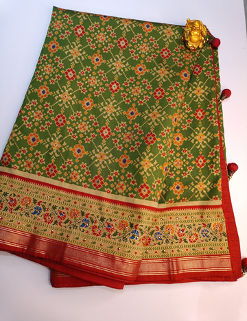Green Ikkat Cotton Saree with Contrast pallu and design