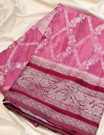 Onion Pink Soft Banarasi saree with Contrast Border, Pallu and Blouse piece