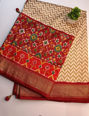 Beige Ikkat Cotton Saree with Rich Handwoven Red Contrast Border