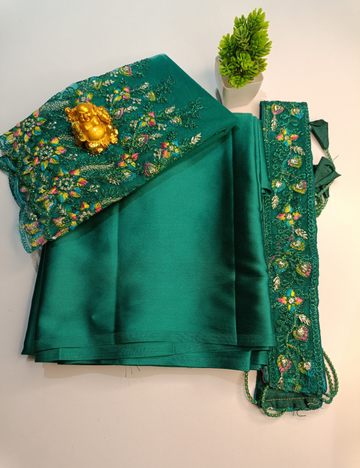 Emerald green color Chic Satin Saree Set with Belt