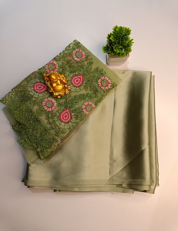 Pista Green Plain Satin Saree with Designer Net Embroidered Blouse