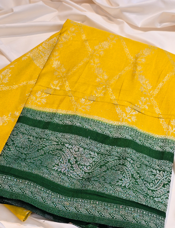 Yellow Soft Banarasi Silk with Contrast Border, Pallu and Blouse piece