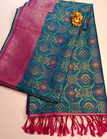Teal Blue with Contrast Border Pochampally Soft Silk Saree with blouse piece