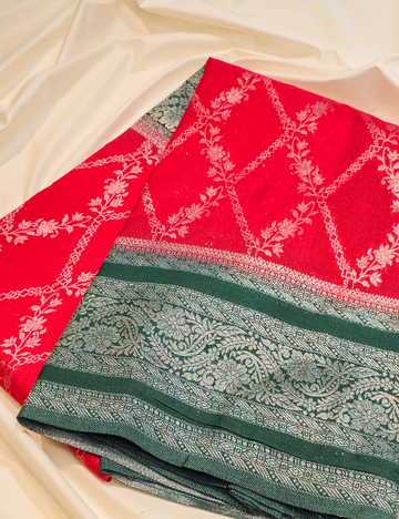 Cherry red Soft Banarasi Saree with Contrast border, Pallu and Blouse Piece