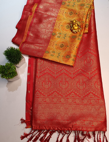 Orange with Contrast Border Pochampally Soft Silk Saree with blouse piece