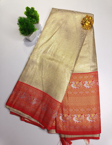 Cream Colour Silk Saree with Pink Contrast Border and blouse