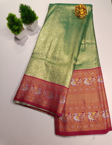 Pastel Green Colour Silk Saree with Pink Contrast Border and blouse