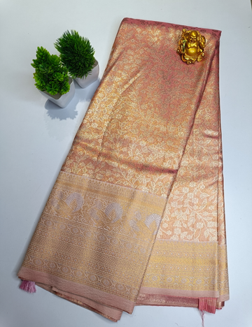 Peach Colour Silk Saree with Silver Zari Border and blouse piece