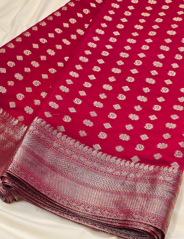 Merown Red Banarasi Saree with Silver zari design (including blouse piece