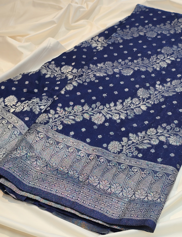 Navy Blue Soft Banarasi Saree with Silver Zari and Blouse Piece