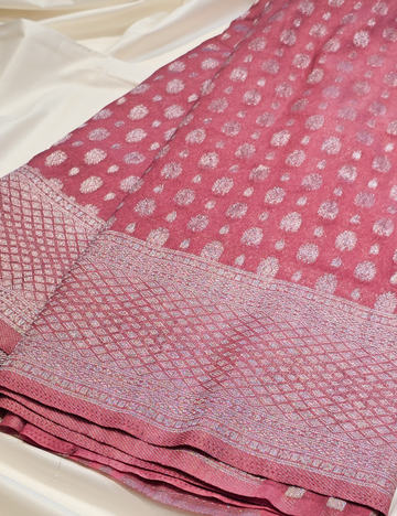 Peach Soft Banarasi Saree with silver Zari and Blouse