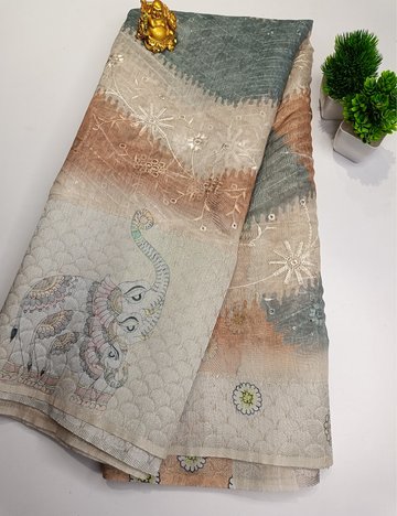 Chanderi Cotton Saree with Thread Work & Elephant Print with Grey Blouse