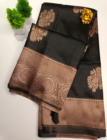 Black Tussar Cotton Saree with Gold Border & Peacock Design with blouse