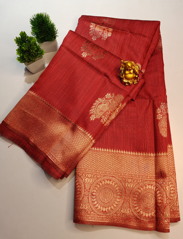 Meroon Tussar Cotton Saree with Gold Border & Peacock Design with blouse