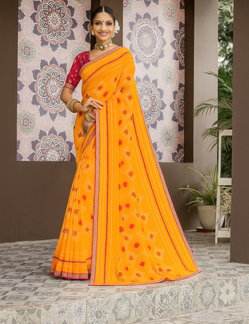 Soft Georgette Bandhani Saree in Yellow and Pink – Festive & Feminine