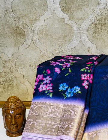 Navy Blue Soft Chanderi Cotton in Floral Design with Blouse Piece