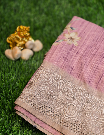 Pastel Pink Soft Cotton Floral Saree with cutwork border (and Blouse Piece)