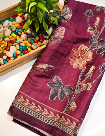 Wine Red Soft Cotton Saree with Zari-Outlined Floral Design along with blouse piece