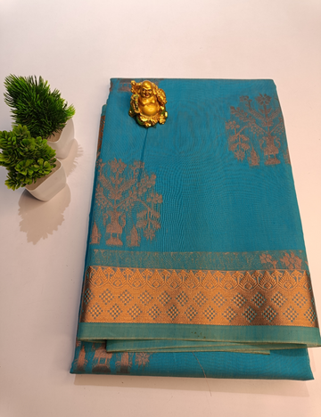 Sky Blue Silk Cotton Saree Highlighted with Copper Zari Design (including blouse)