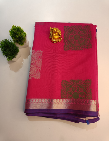 Graceful Pink Saree Featuring Green Brocade and Silver Zari Accents