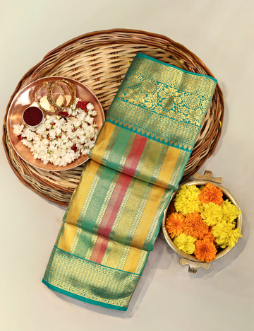 Multicolor Silk Saree with Bold Contrast Pallu and blouse piece