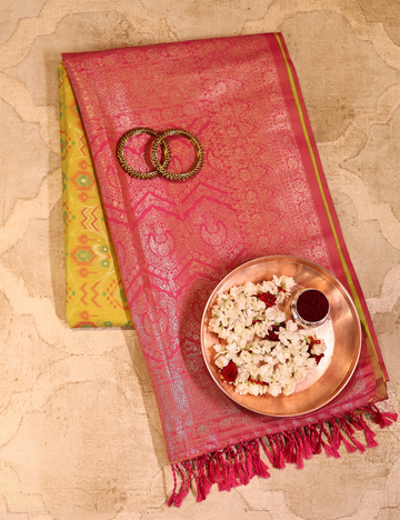 Yellow with Contrast Border Pochampally Soft Silk Saree with blouse piece