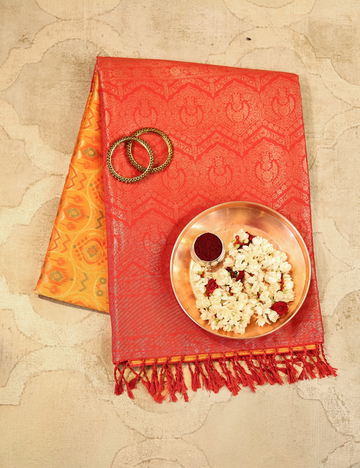 Orange with Contrast Border Pochampally Soft Silk Saree with blouse piece
