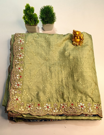 Pista Green Color Designer Saree with Contrast Border