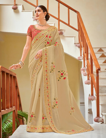 Minimalist Beige Saree with Statement Tissue Contrast Blouse – Classy Occasion Wear