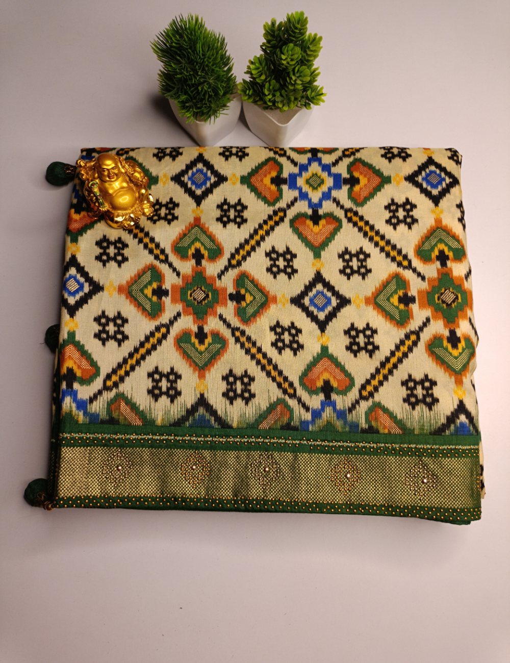 Cream Ikkat Cotton Saree with Contrast Green Pallu and blouse