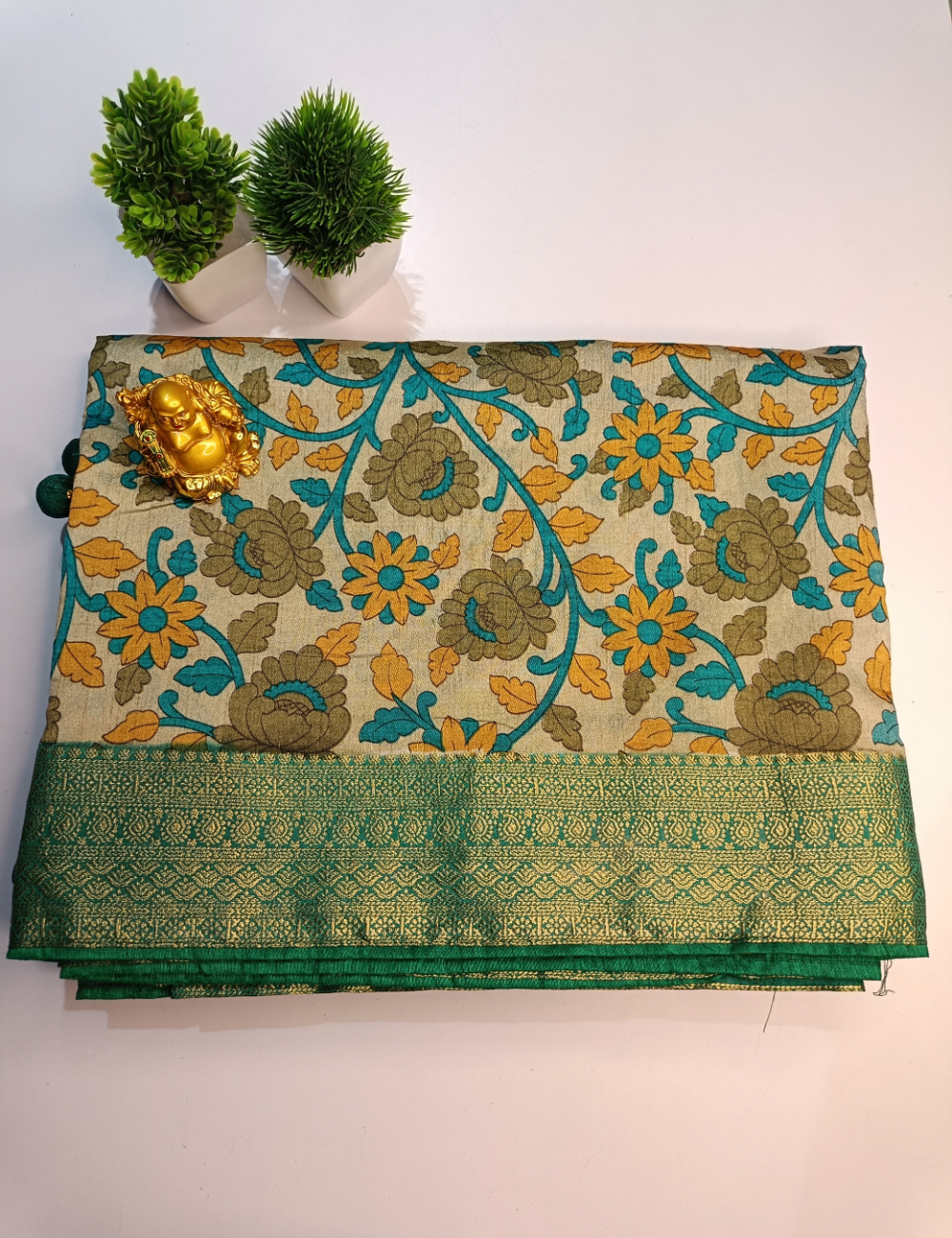 Green Colour Ikkat Cotton Saree with Rich Colorfull Patterns (including blouse)