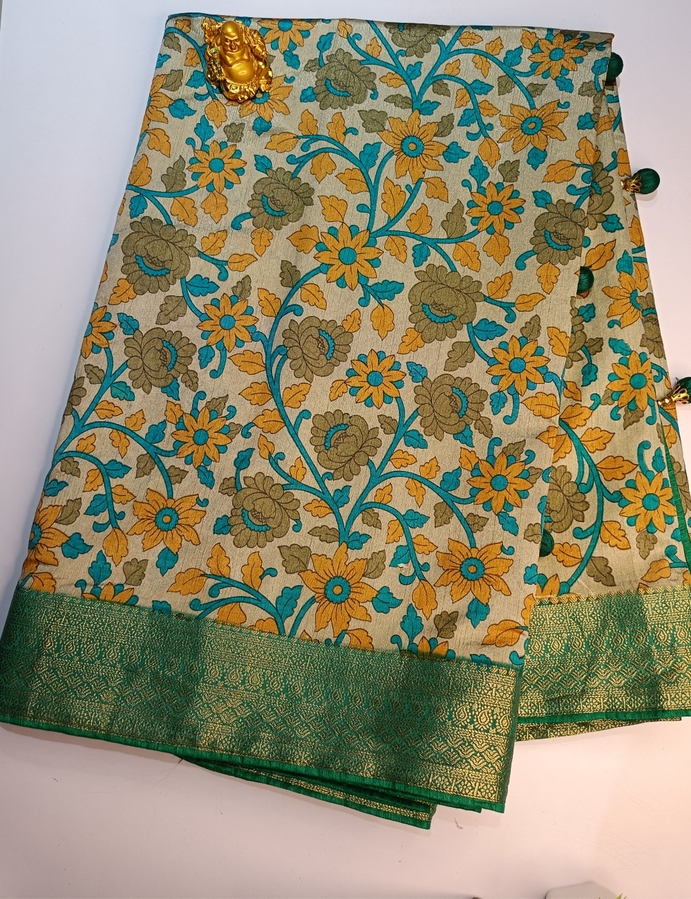 Green Colour Ikkat Cotton Saree with Rich Colorfull Patterns (including blouse)