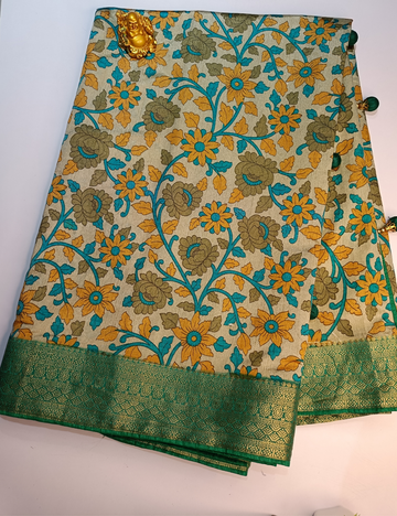 Green Colour Ikkat Cotton Saree with Rich Colorfull Patterns (including blouse)