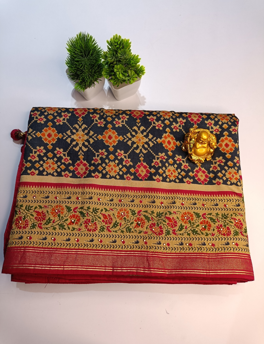 Dark Grey Ikkat Cotton Saree with Contrast Pallu and blouse piece