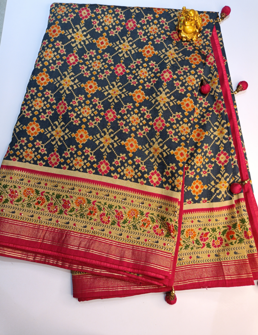 Dark Grey Ikkat Cotton Saree with Contrast Pallu and blouse piece
