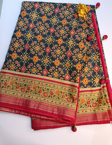 Dark Grey Ikkat Cotton Saree with Contrast Pallu and blouse piece