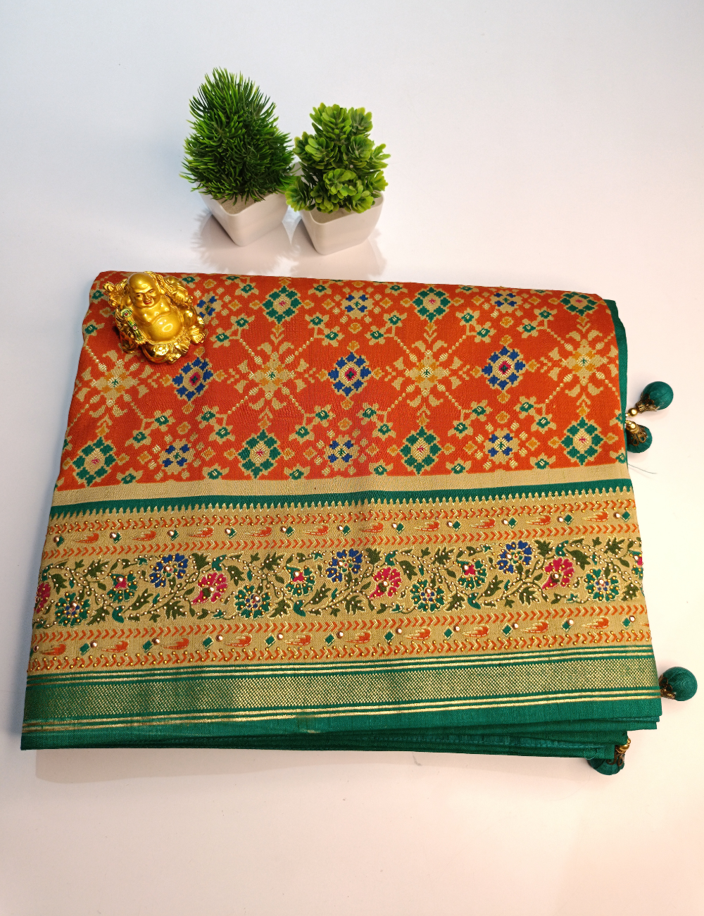 Burnt Orange Ikkat Cotton Saree with Contrast Pallu and Blouse piece