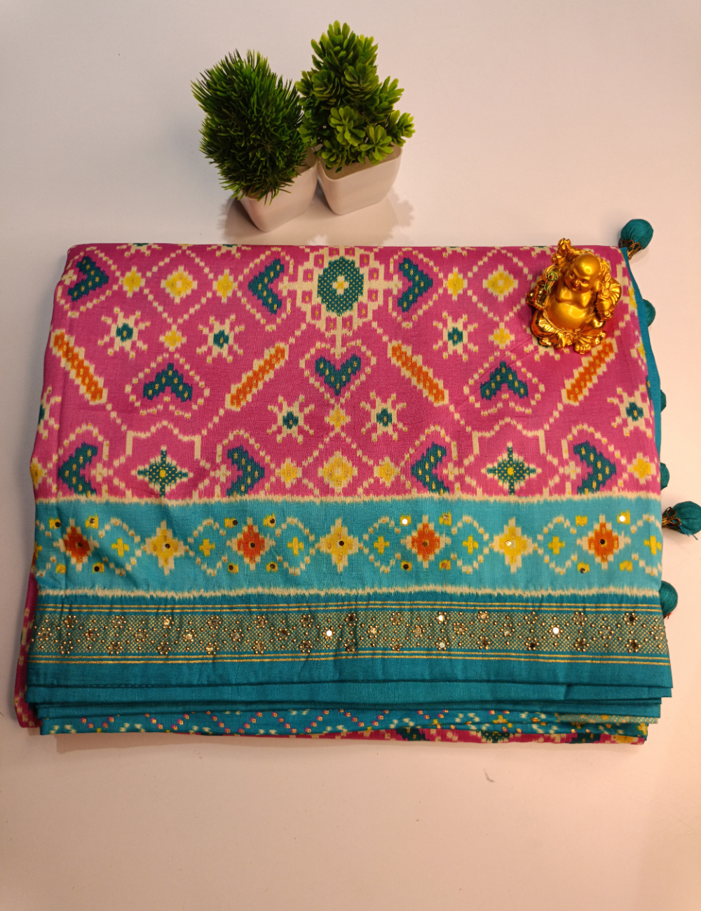Vibrant Pink and Blue Ikkat Cotton Saree with Traditional Geometric Patterns
