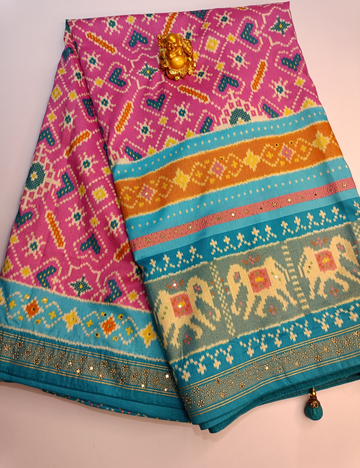 Vibrant Pink and Blue Ikkat Cotton Saree with Traditional Geometric Patterns
