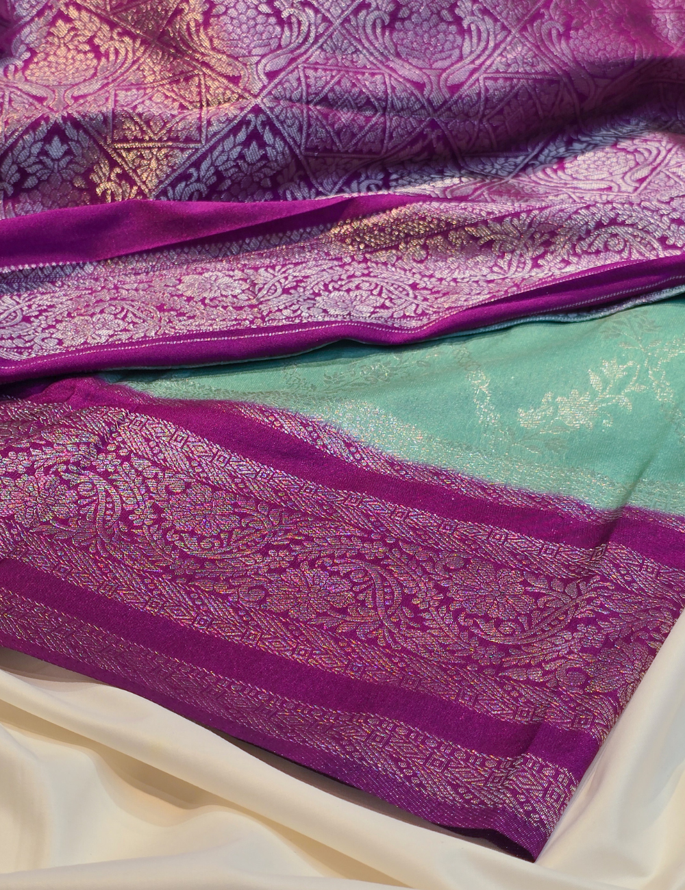 Turquoise Green colour Soft Banarasi Saree With Contrast Border, Pallu and Blouse