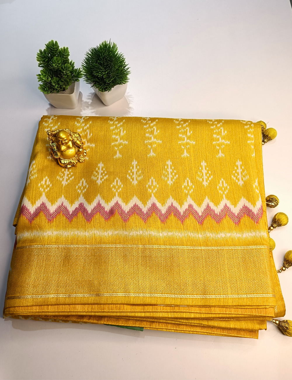 Yellow Ikkat Cotton Saree with Self-Design Matching Blouse