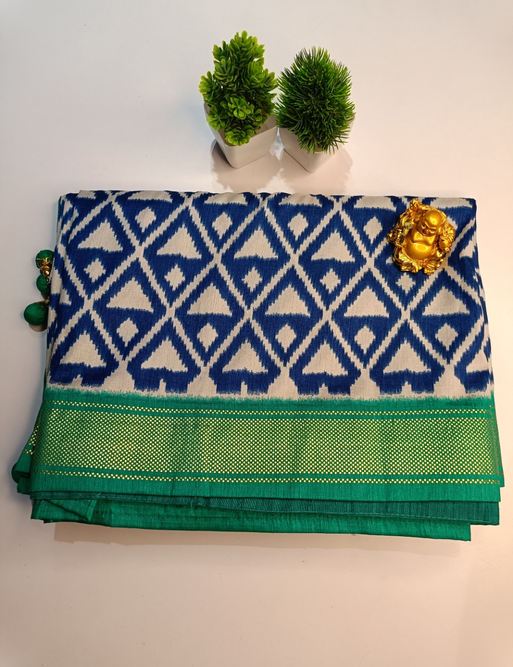 Royal Blue Ikkat Saree with Vibrant Green Borders