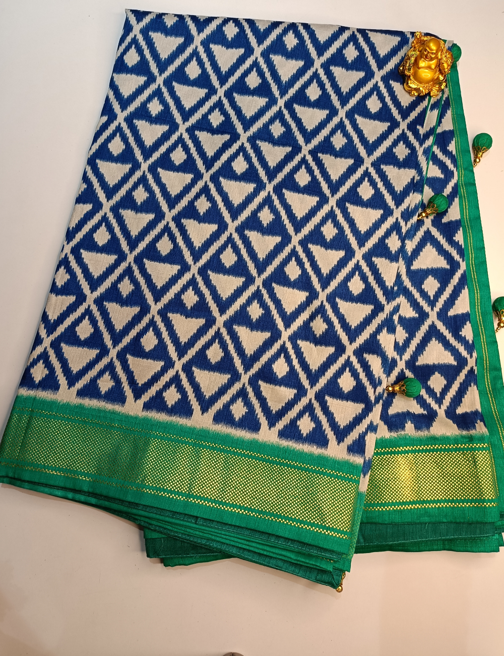 Royal Blue Ikkat Saree with Vibrant Green Borders