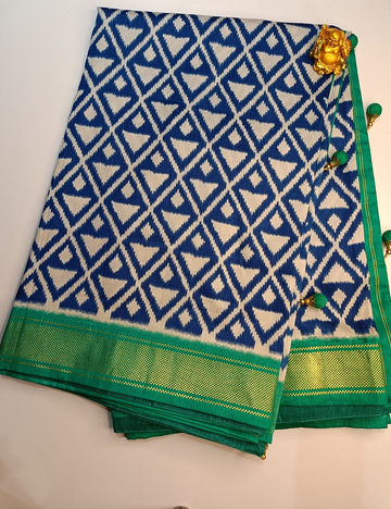 Royal Blue Ikkat Saree with Vibrant Green Borders