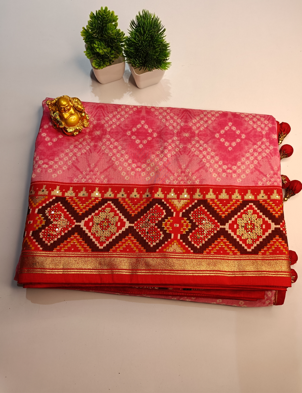 Pink Ikkat Cotton Saree with Traditional Red and Green Contrast Border