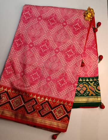 Pink Ikkat Cotton Saree with Traditional Red and Green Contrast Border