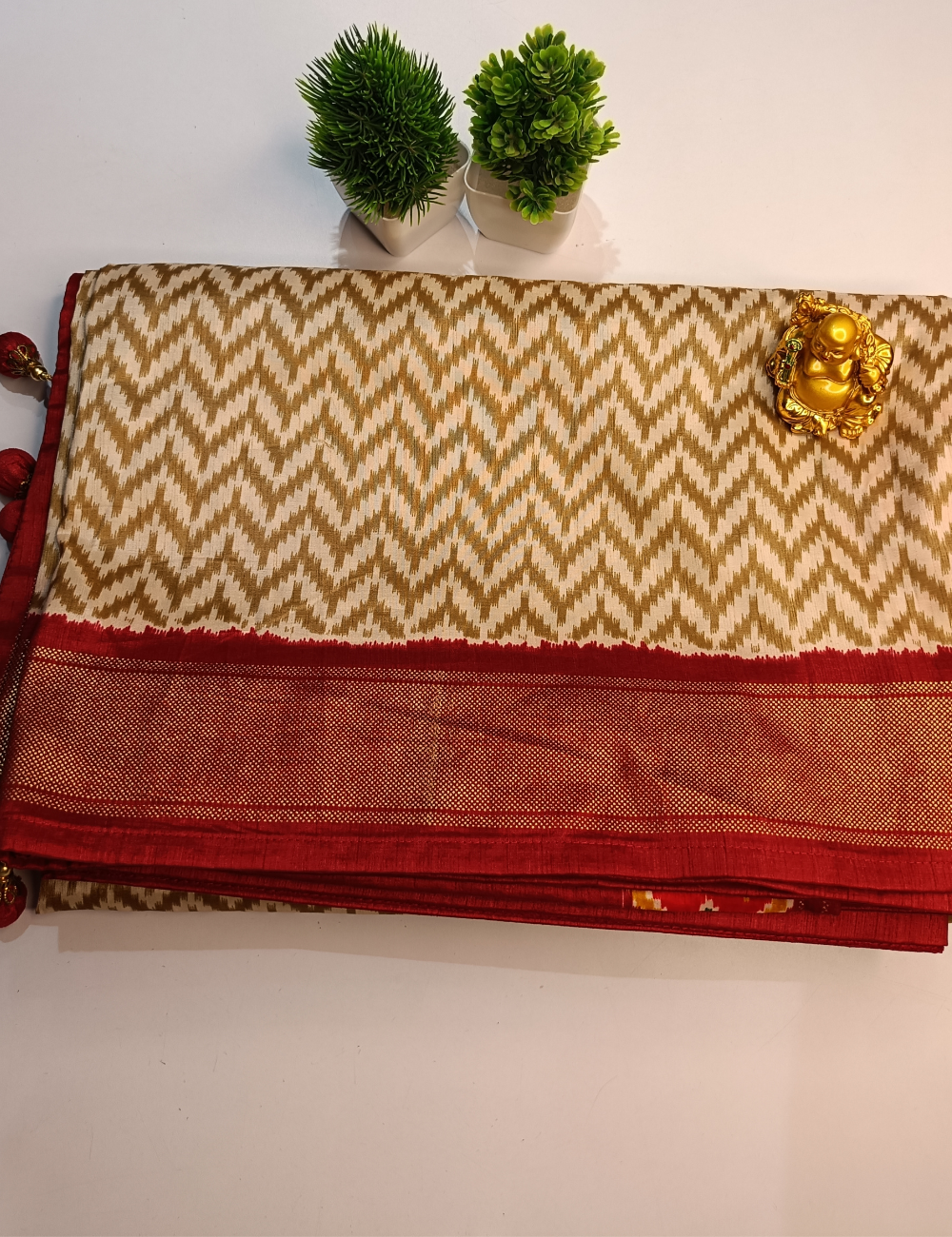 Beige Ikkat Cotton Saree with Rich Handwoven Red Contrast Border