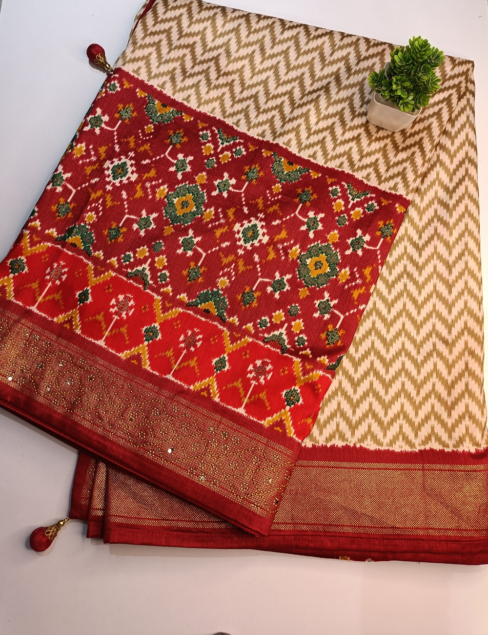 Beige Ikkat Cotton Saree with Rich Handwoven Red Contrast Border